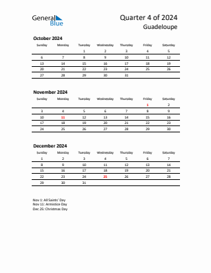 Guadeloupe Quarter 4  2024 calendar template