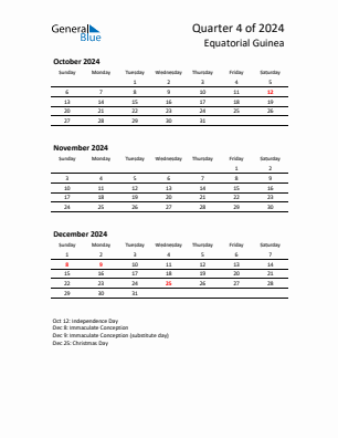 Equatorial Guinea Quarter 4  2024 calendar template