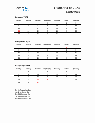 Guatemala Quarter 4  2024 calendar template