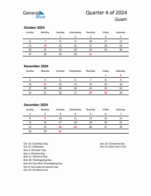 Guam Quarter 4  2024 calendar template