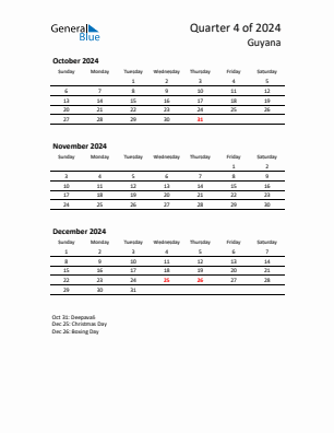 Guyana Quarter 4  2024 calendar template