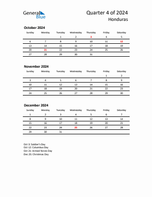 Honduras Quarter 4  2024 calendar template