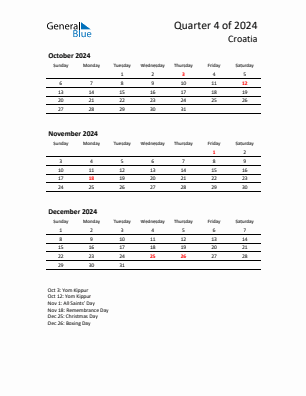 Croatia Quarter 4  2024 calendar template