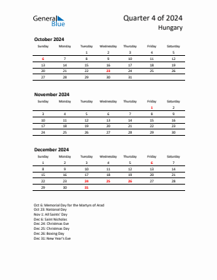 Hungary Quarter 4  2024 calendar template