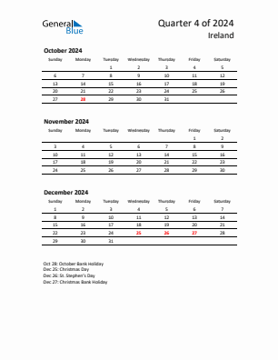 Ireland Quarter 4  2024 calendar template