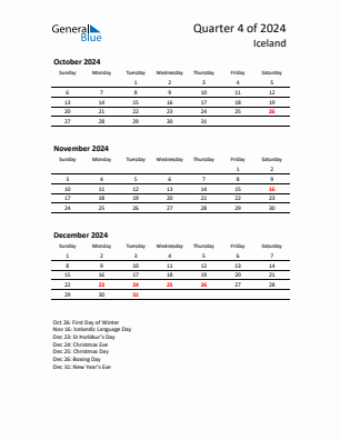 Iceland Quarter 4  2024 calendar template