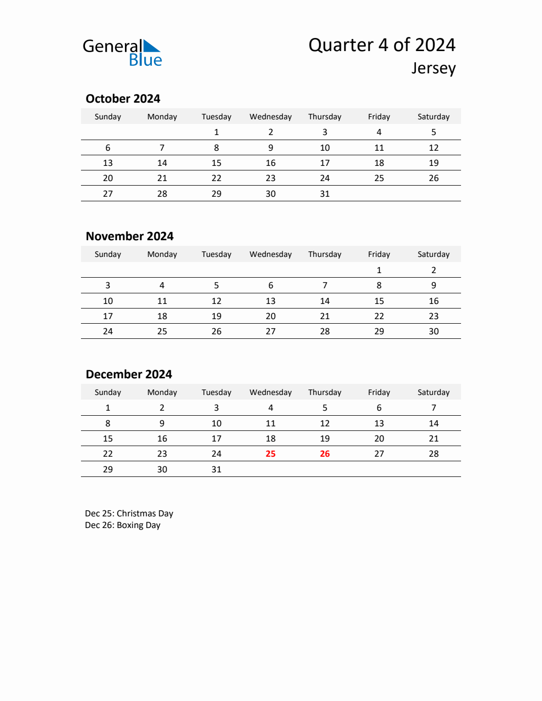 Q4 2024 Quarterly Calendar with Jersey Holidays (PDF, Excel, Word)