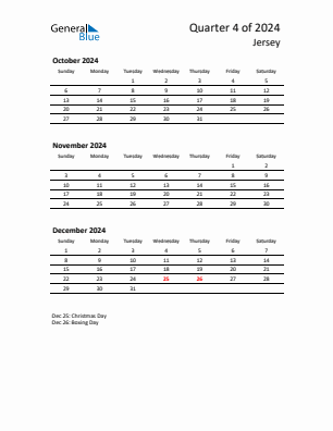 Jersey Quarter 4  2024 calendar template