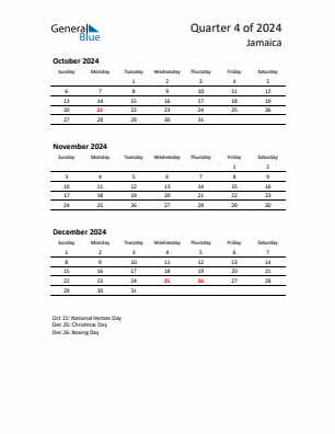 Jamaica Quarter 4  2024 calendar template