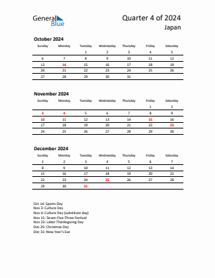 Japan Quarter 4  2024 calendar template