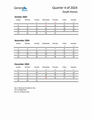 South Korea Quarter 4  2024 calendar template