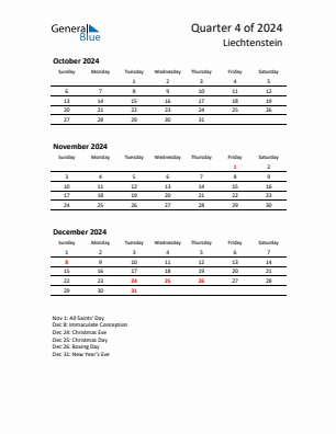 Liechtenstein Quarter 4  2024 calendar template