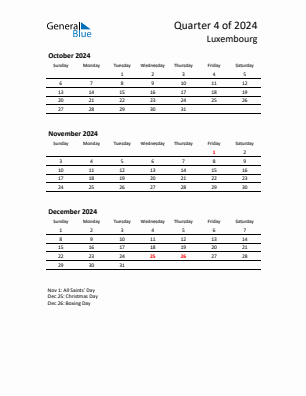 Luxembourg Quarter 4  2024 calendar template