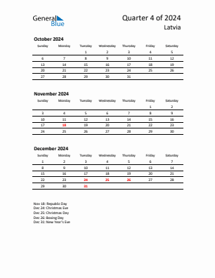 Latvia Quarter 4  2024 calendar template