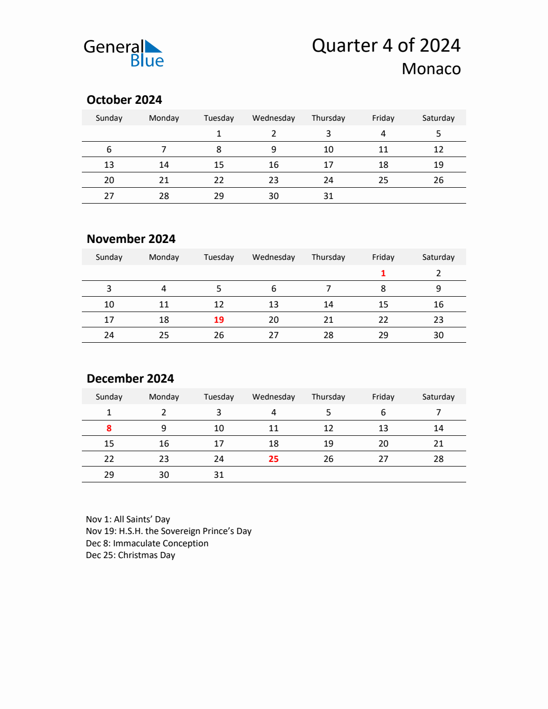 Q4 2024 Quarterly Calendar with Monaco Holidays