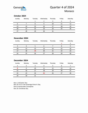 Monaco Quarter 4  2024 calendar template