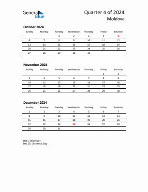 Moldova Quarter 4  2024 calendar template