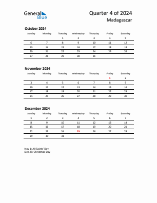 Madagascar Quarter 4  2024 calendar template