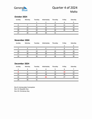 Malta Quarter 4  2024 calendar template