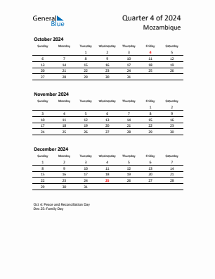 Mozambique Quarter 4  2024 calendar template