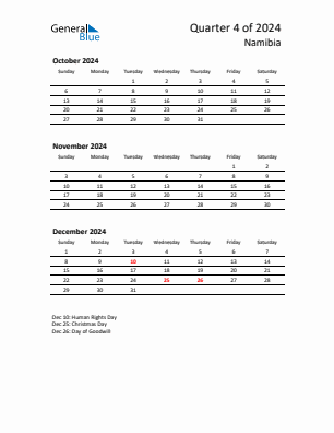 Namibia Quarter 4  2024 calendar template