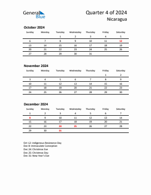 Nicaragua Quarter 4  2024 calendar template