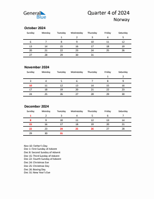 Norway Quarter 4  2024 calendar template