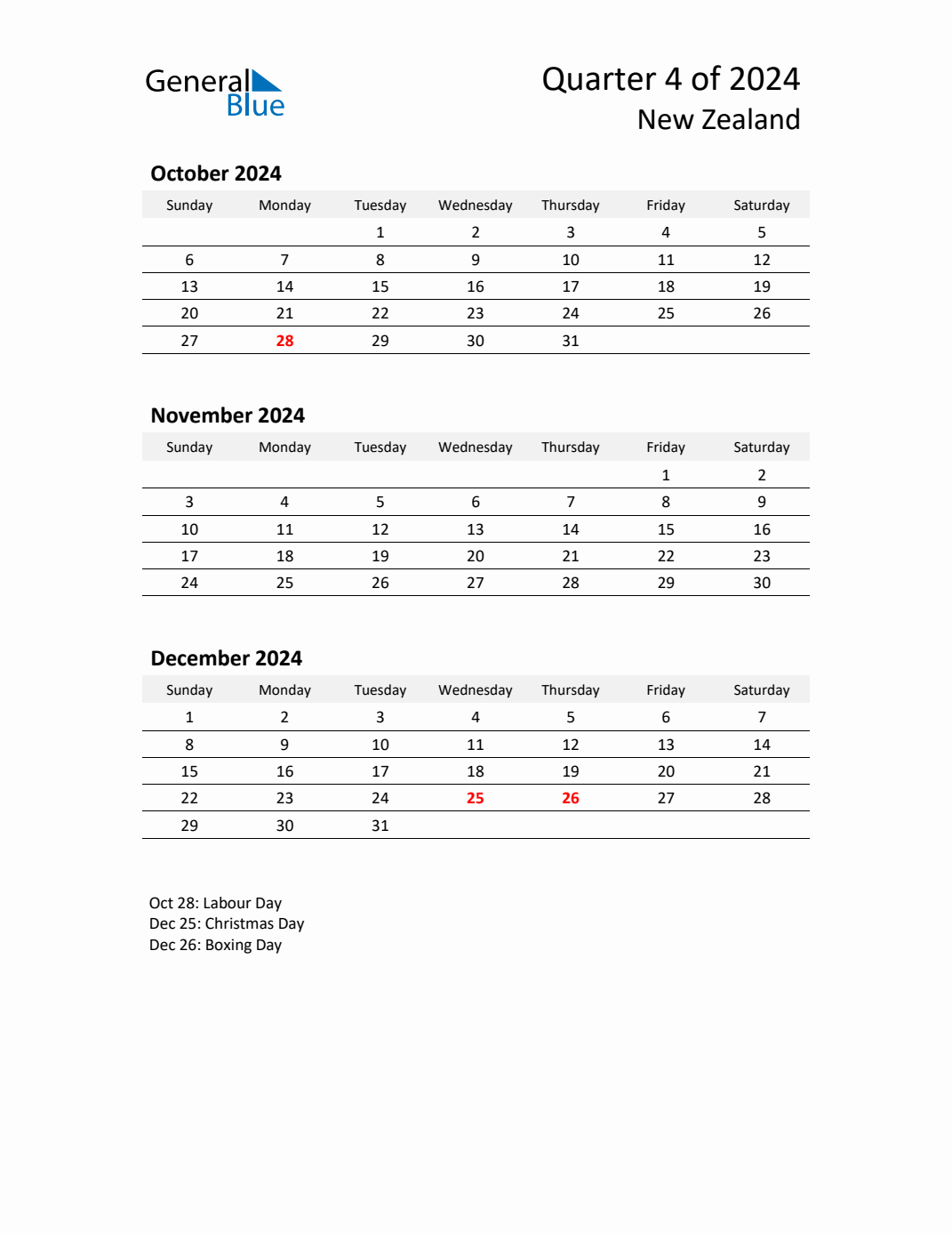 Q4 2024 Quarterly Calendar with New Zealand Holidays (PDF, Excel, Word)