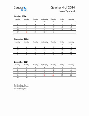 New Zealand Quarter 4  2024 calendar template