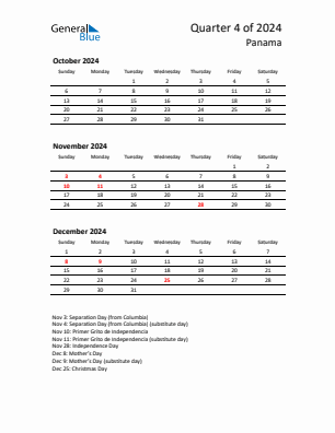 Panama Quarter 4  2024 calendar template