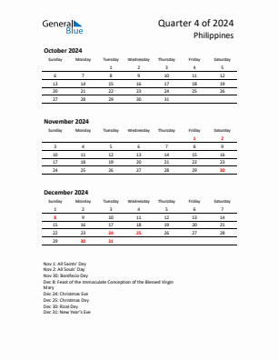 Philippines Quarter 4  2024 calendar template