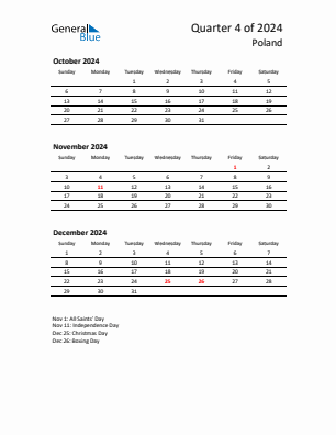 Poland Quarter 4  2024 calendar template