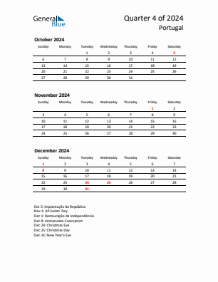 Portugal Quarter 4  2024 calendar template