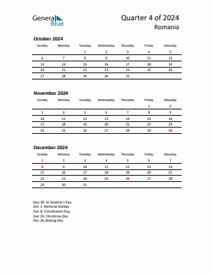 Romania Quarter 4  2024 calendar template