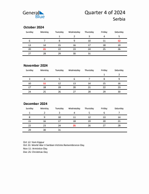 Serbia Quarter 4  2024 calendar template