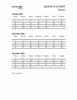 Russia Quarter 4  2024 calendar template