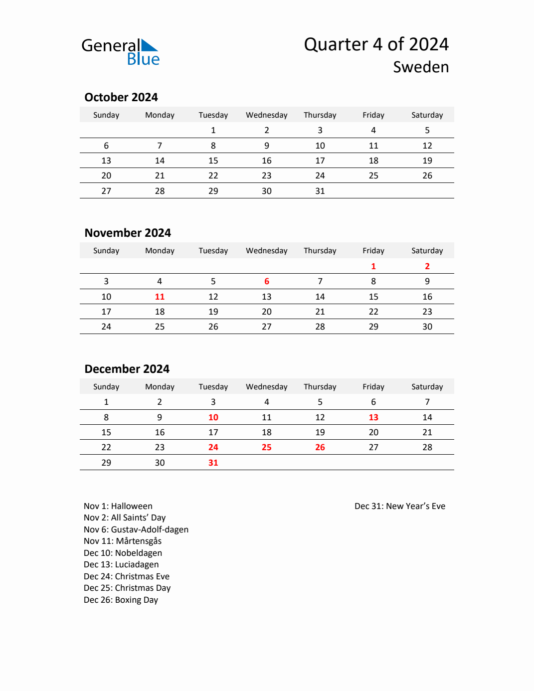 Q4 2024 Quarterly Calendar with Sweden Holidays (PDF, Excel, Word)