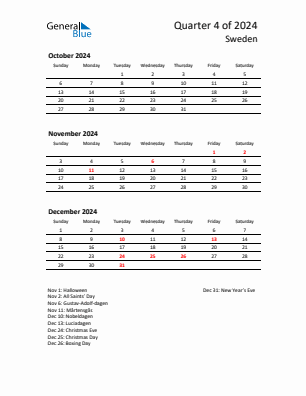 Sweden Quarter 4  2024 calendar template