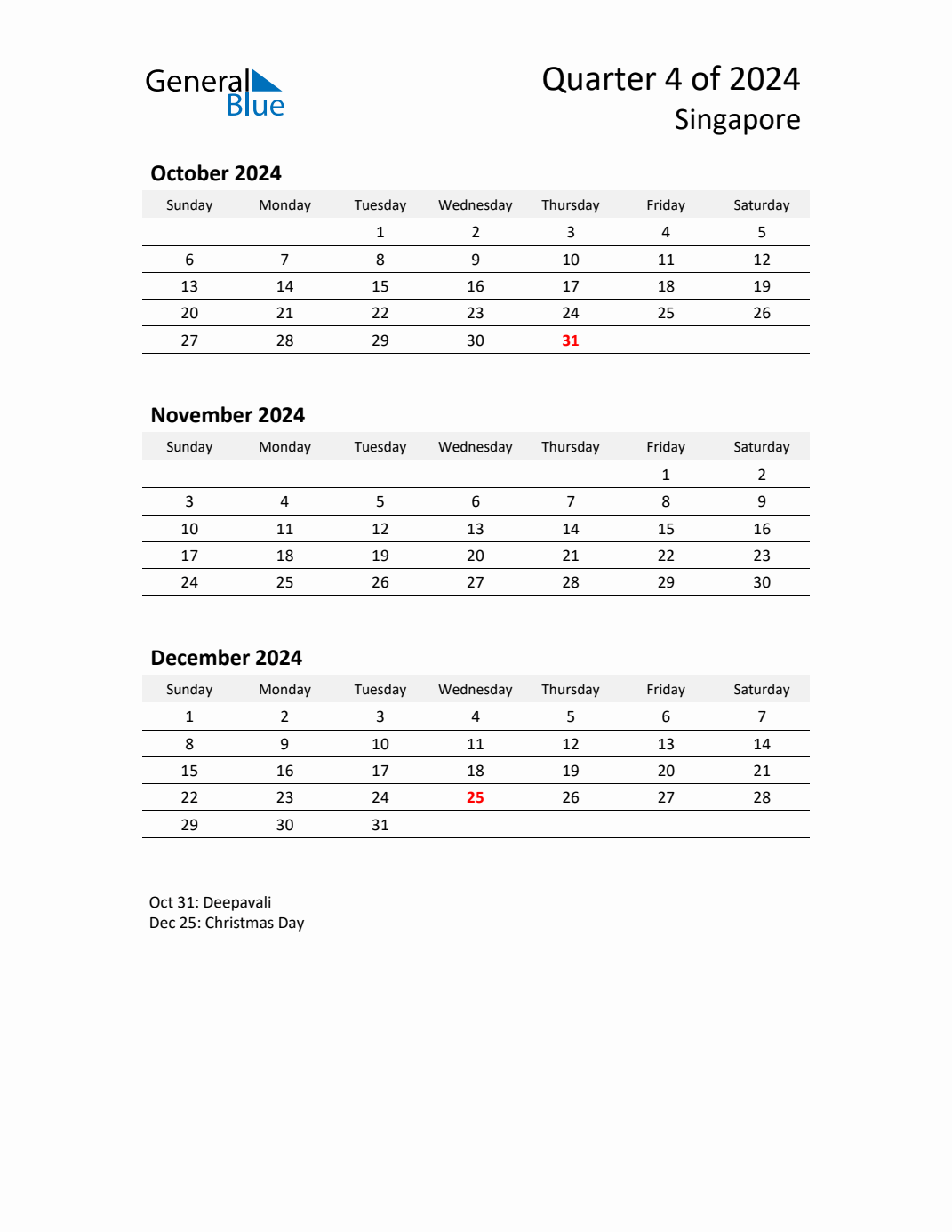 Q4 2024 Quarterly Calendar with Singapore Holidays (PDF, Excel, Word)