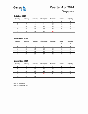 Singapore Quarter 4  2024 calendar template