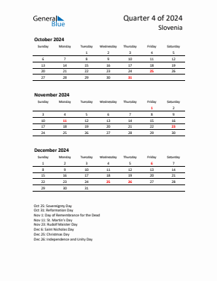 Slovenia Quarter 4  2024 calendar template