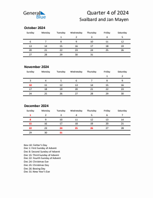 Svalbard and Jan Mayen Quarter 4  2024 calendar template