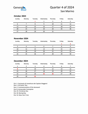 San Marino Quarter 4  2024 calendar template