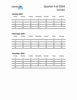 Somalia Quarter 4  2024 calendar template