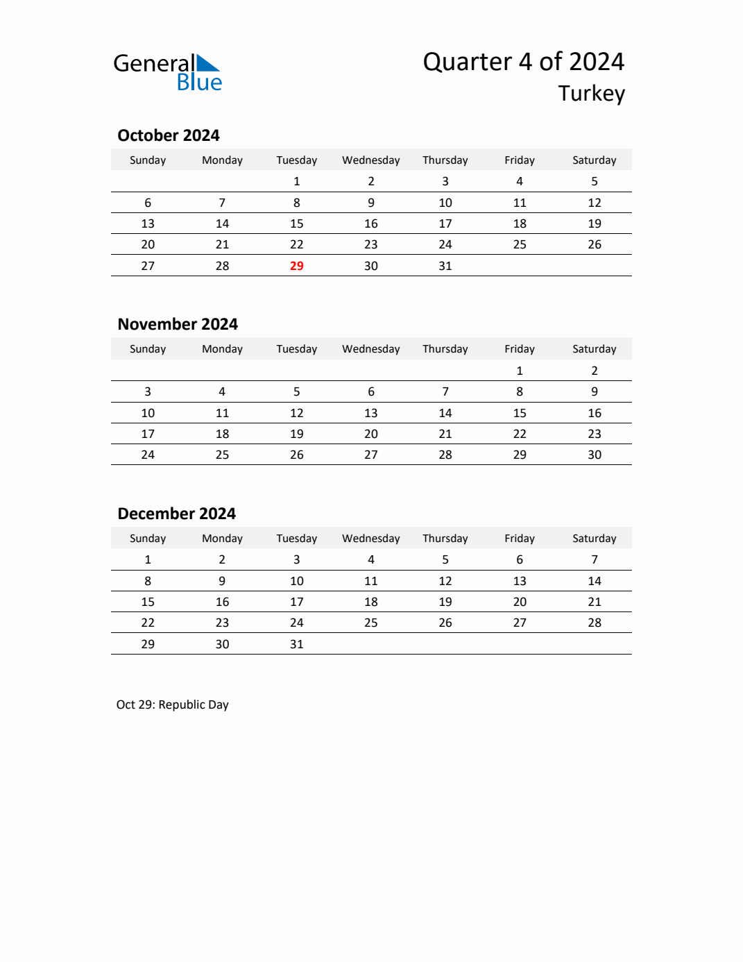 Q4 2024 Quarterly Calendar with Turkey Holidays