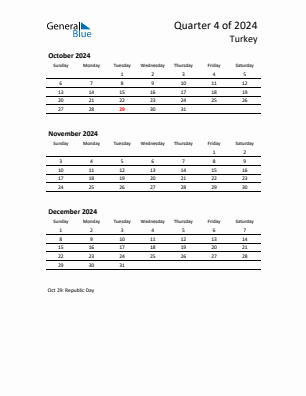 Turkey Quarter 4  2024 calendar template