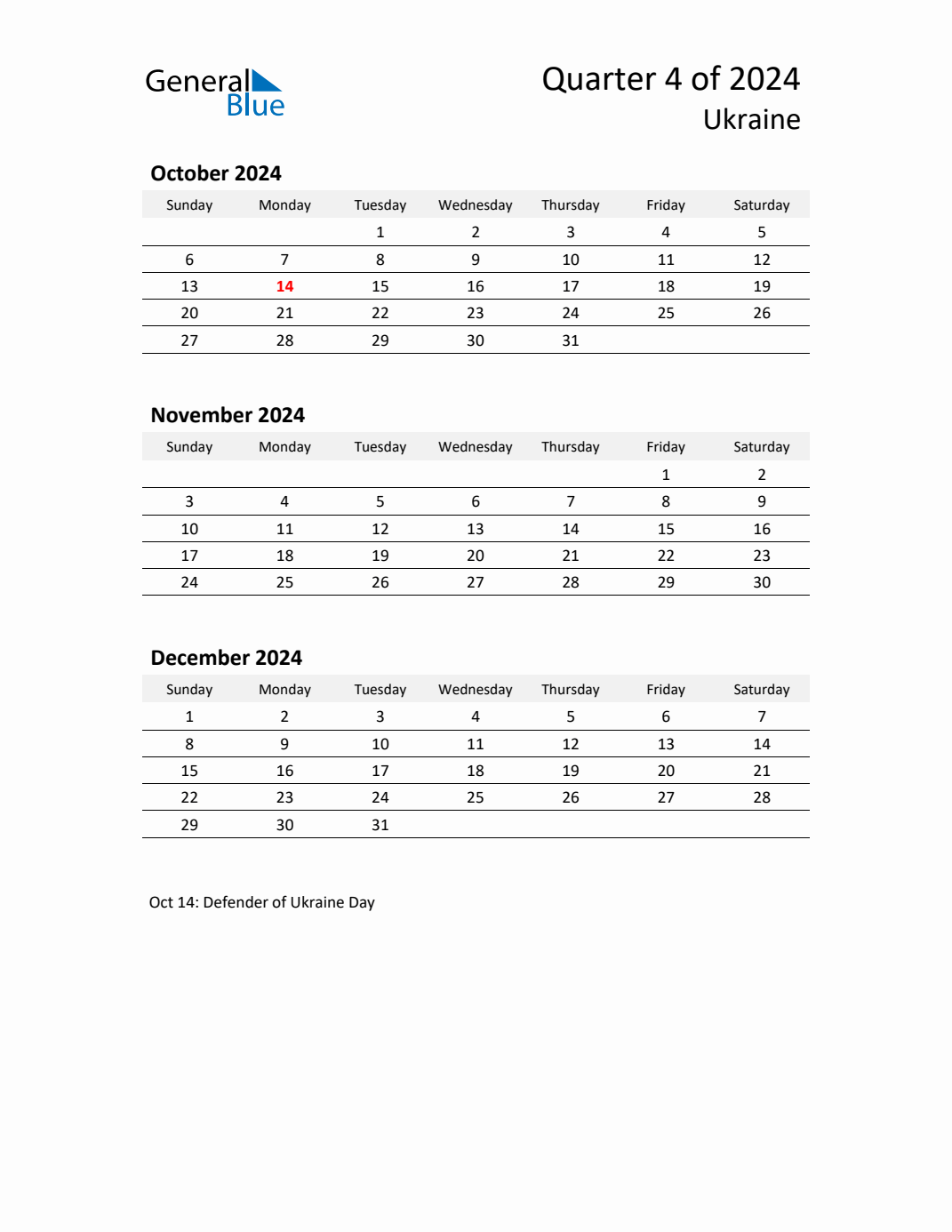 Q4 2024 Quarterly Calendar with Ukraine Holidays (PDF, Excel, Word)