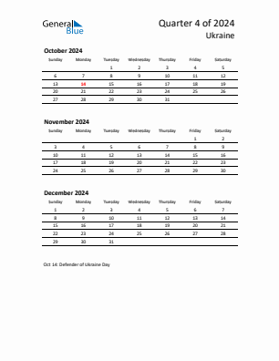 Ukraine Quarter 4  2024 calendar template