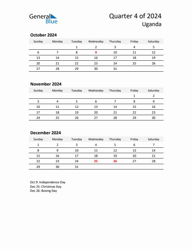 Q4 2024 Quarterly Calendar with Uganda Holidays (PDF, Excel, Word)