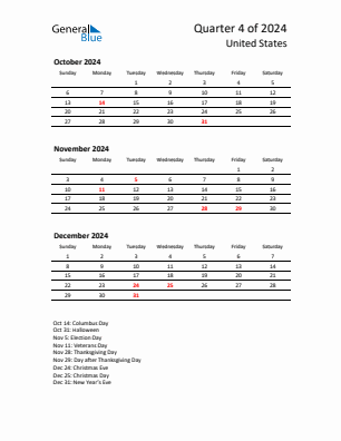 United States Quarter 4  2024 calendar template